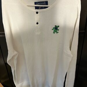 Grateful Dead White Long-Sleeve Henley with Green Dancing Bear Patch